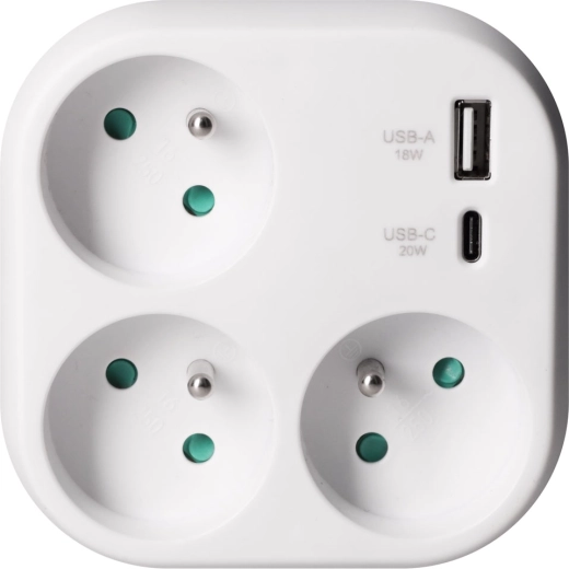 Solight elosztóadapter 3 aljzattal és 20 W PD USB gyorstöltéssel, fehér