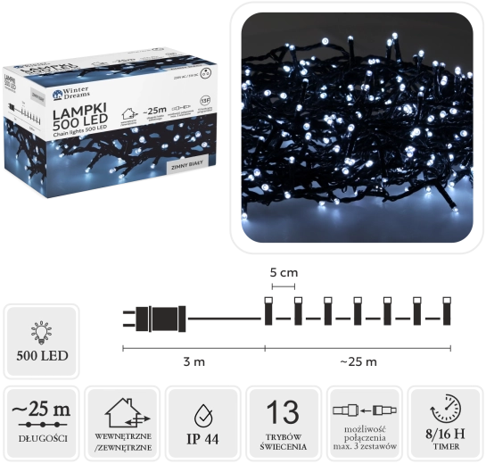 500 LED-es fényfüzér, hideg fehér, 25 m