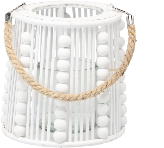 Fehér lámpás gyertyatartó gyöngyökkel 20 × 19 cm