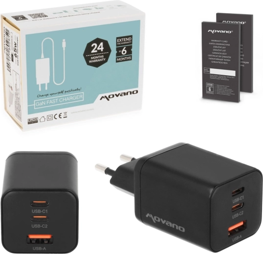 Movano GaN 65 W-os töltő 2× USB‑C PD + USB‑A, fekete