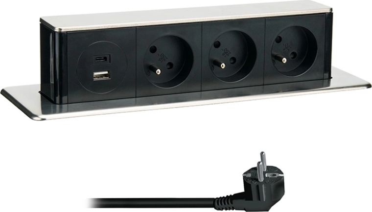 Solight kihúzható süllyeszthető csatlakozóblokk 3× 230 V + USB-A/USB-C 20 W PD, 2 m, rozsdamentes