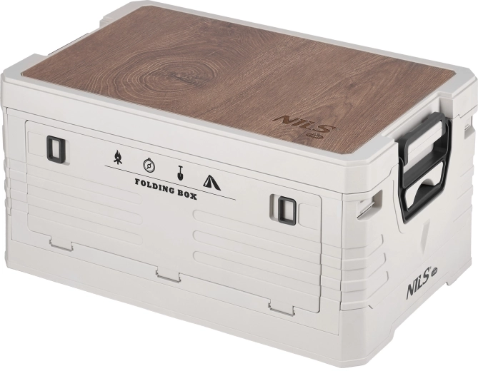 Összecsukható tárolódoboz fedéllel és fa lappal, 32 l, bézs