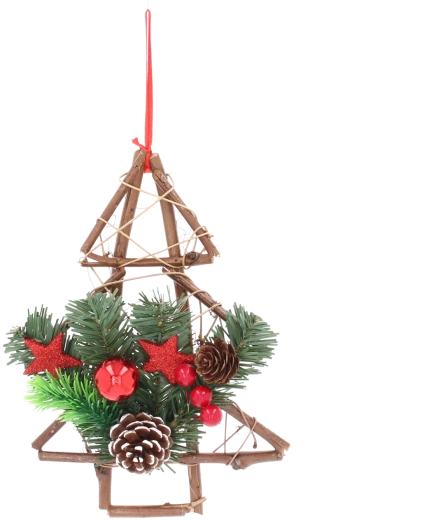 Fából készült, felakasztható karácsonyi fa alakú dekoráció tobozokkal, 25 cm