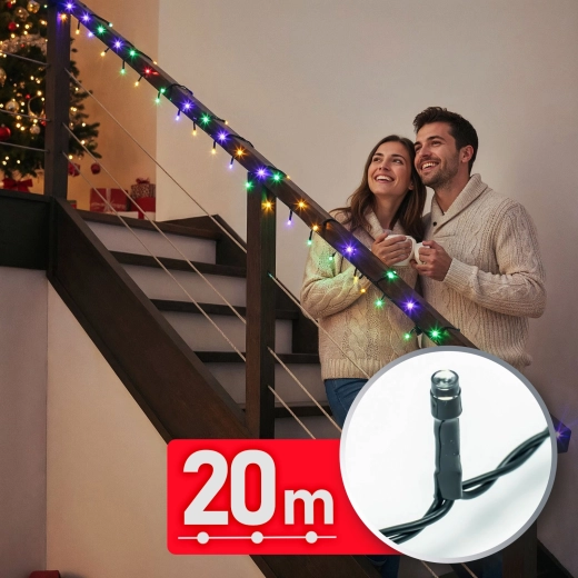 Színes LED fényfüzér 20 m, 400 LED-del és zöld kábellel