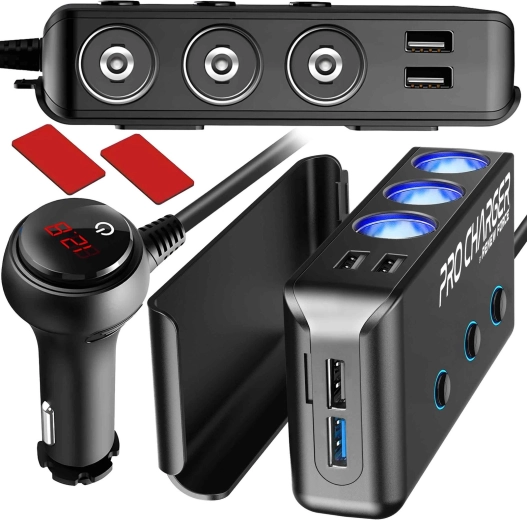 Autós szivargyújtó-elosztó 200 W, 3 aljzattal és 4× USB-vel (QC 3.0 + PD), digitális voltmérővel - 1 db