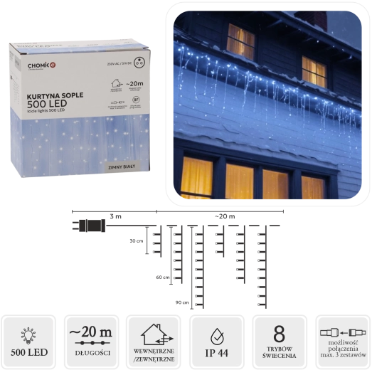 Jégcsap fényfüggöny 500 LED hideg fehér 23 m