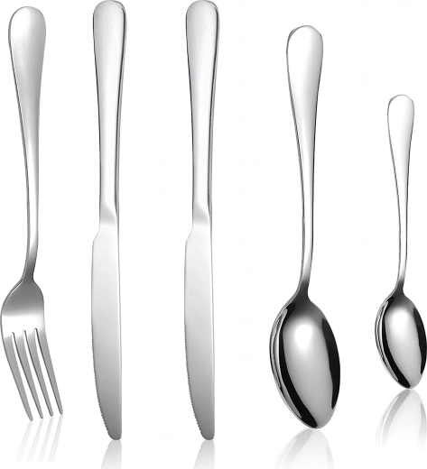 Rozsdamentes acél evőeszközkészlet ezüst, 5 db kempinghez és grillezéshez