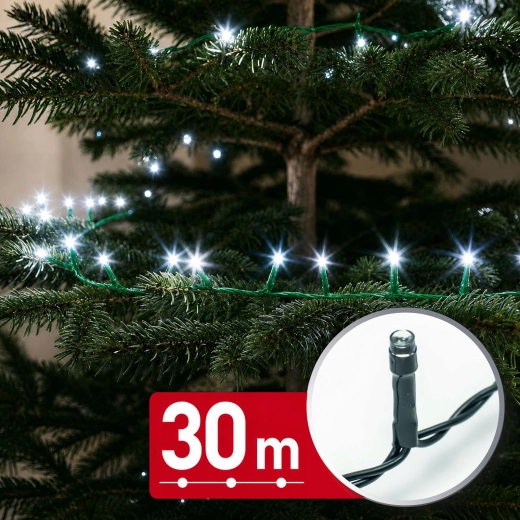 30 m-es LED fényfüzér, 600 hideg fehér LED-del és zöld kábellel