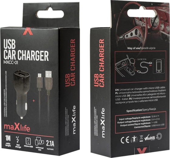 Maxlife autós töltő 2,1 A microUSB-vel, fekete