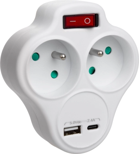 Elosztó 2 aljzattal, USB- és USB-C-porttal