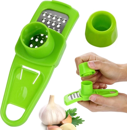 Mini fokhagyma- és gyömbérreszelő biztonsági tartóval – zöld