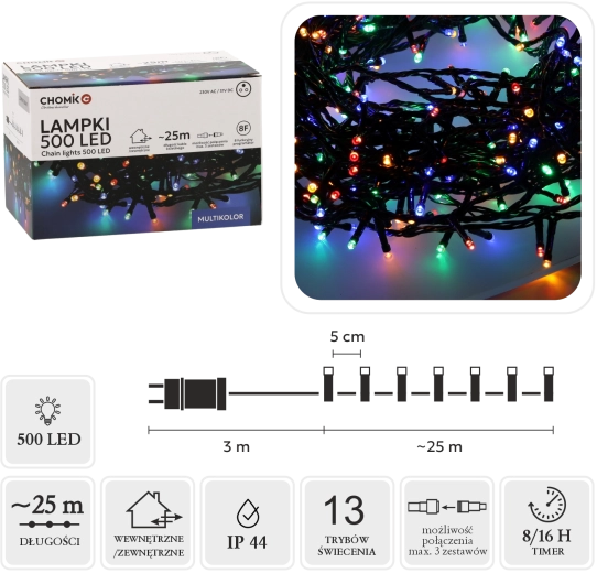 LED fényfüzér 500 multicolor diódával 28 m (25 m világító rész) beltéri és kültéri használatra - 1 db