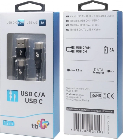 Kábel 2 az 1-ben: USB-C és USB A, 1,2 m hosszú