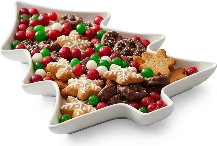 Karácsonyfa alakú porcelán szervírozótányér 35 × 26 × 3 cm, fehér