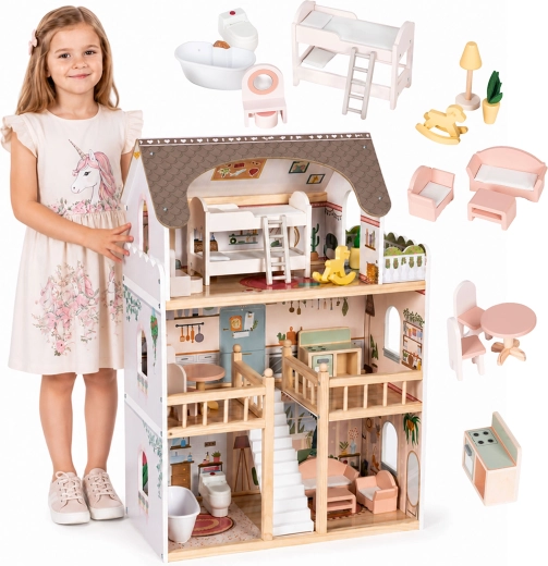 Ecotoys Laura fa babaház 3 szinttel és 15 darab bútorral