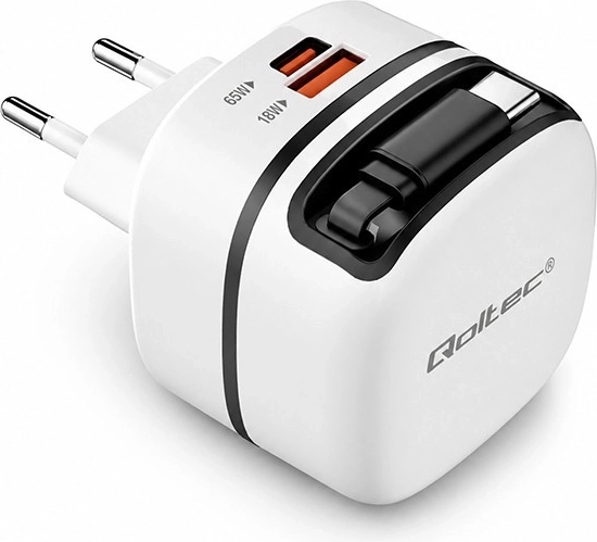 Qoltec GaN hálózati töltő 65 W USB‑C PD PPS kihúzható kábellel