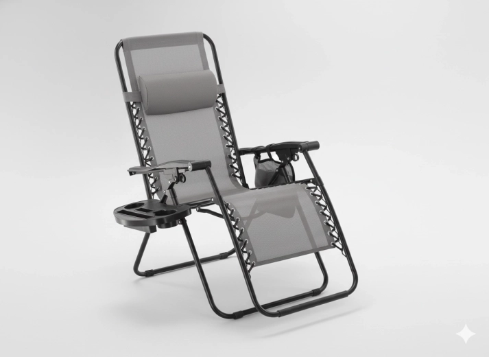 Összecsukható kerti nyugágy asztalkával, zsebbel és párnával – szürke