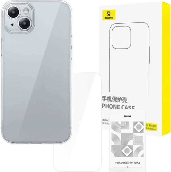 Átlátszó tok iPhone 15-hez edzett üveggel a Baseustól