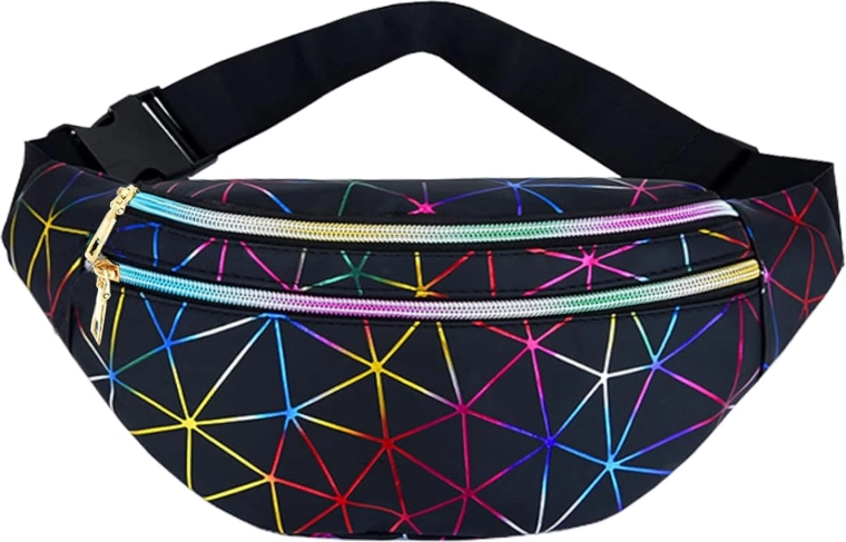 Uniszex övtáska holografikus geometrikus mintával, 3 zseb, állítható pánt