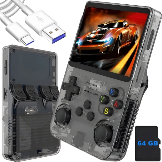 Hordozható retro játékkonzol Renew Force R36S fekete 64 GB ArkOS 2.0-val