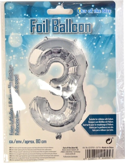 Ezüst fólia lufi 3-as szám 80 cm