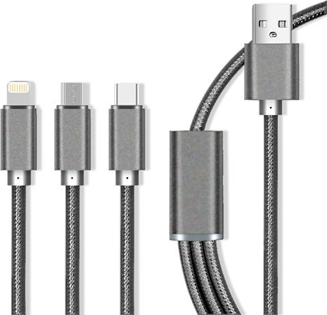 Maxlife nejlon 3 az 1-ben kábel gyors töltéssel 2,1 A – Lightning/USB‑C/microUSB, szürke