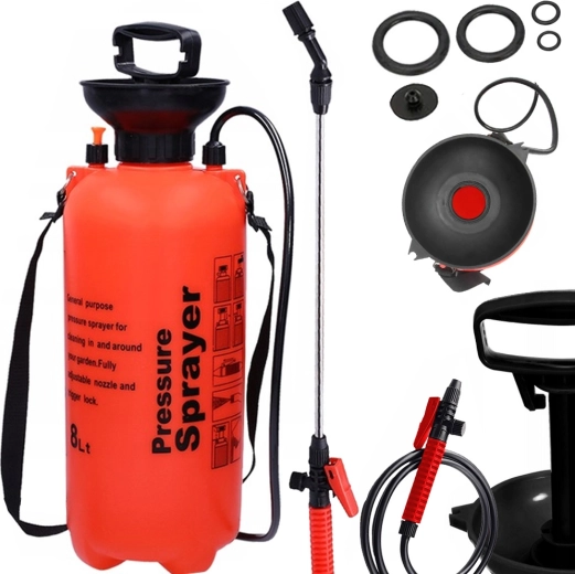 8 l-es nyomásos kerti permetező hosszú lándzsával és vállpánttal