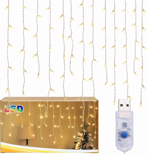 Karácsonyi fényfüggöny jégcsapokkal, 96 LED, meleg fehér, USB, 3,5 m