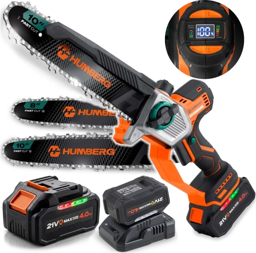 Humberg akkumulátoros mini láncfűrész 21 V 4,0 Ah, 8" és 10" vezetőlemezzel