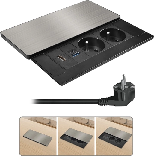 Solight beépíthető konnektorblokk csúszófedéllel, HDMI-vel és 20 W-os PD USB-töltéssel, ezüstszínű
