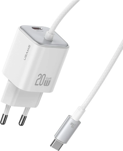 USAMS JC sorozat 20 W-os GaN mini töltő, 2× USB‑C, integrált USB‑C kábellel, fehér