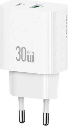 Hálózati töltő 30 W 1× USB‑C és 1× USB‑A csatlakozóval, gyorstöltéshez, fehér