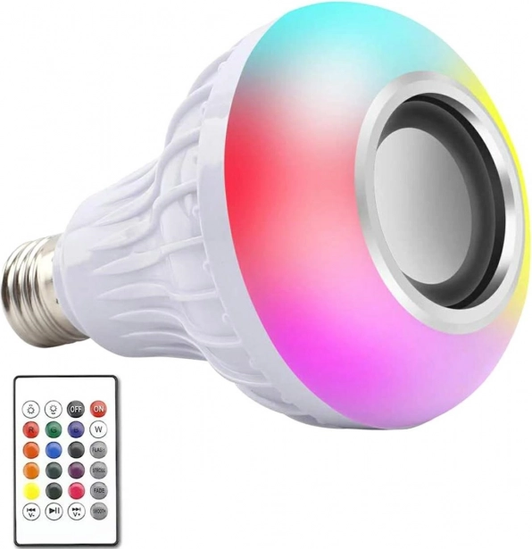 színes RGB LED izzó E27 beépített Bluetooth hangszóróval és távirányítóval