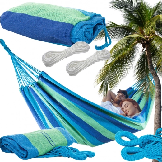 Kétszemélyes kerti függőágy XXL 200 × 150 cm, csíkos, táskával