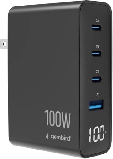 Gembird univerzális GaN töltő 100 W LCD kijelzővel, 3× USB-C és 1× USB-A, fekete