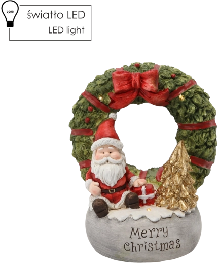 Karácsonyi koszorús Mikulás-figura „Merry Christmas” felirattal és LED-világítással