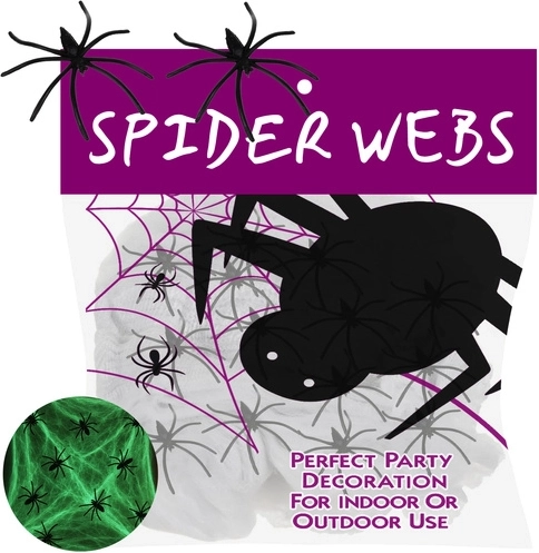 Fluoreszkáló, sötétben világító halloween-i pókháló RUHHY 20 pókkal - 1 db