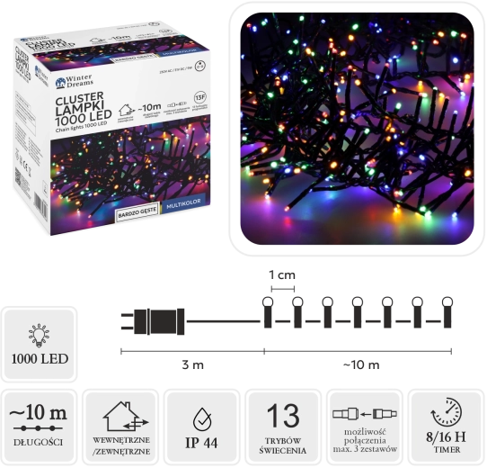LED cluster fényfüzér 1000 LED, többszínű, 10 m