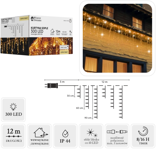 LED-es fényfüzér jégcsapokkal, 300 LED, meleg fehér fénnyel és hideg villogó effekttel, 12 m