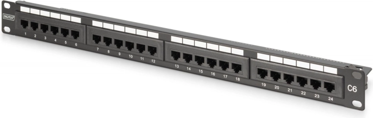Patch panel 19" 24× RJ45 Cat 6, árnyékolatlan, 1U, LSA, kábelvezetés, feliratozó mezők, fekete