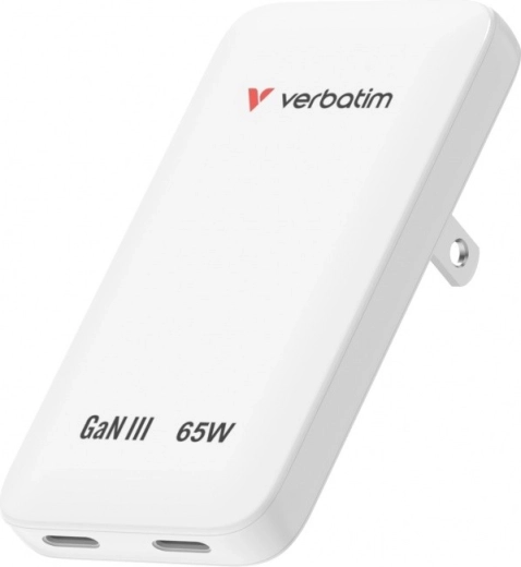 Verbatim Essentials slim GaN töltő 65 W, 2× USB‑C, fehér (US/UK/EU)