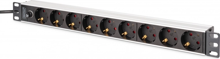 PDU elosztó sín 19" rackhez biztosítékkal, 9x Schuko (45°), 2 m kábel IEC C14-gyel, 10 A, alumínium