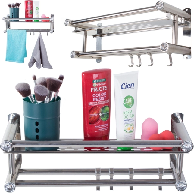 Fali függesztett fürdőszobai polc kampókkal és dupla törölközőrúddal, alumínium, ezüst