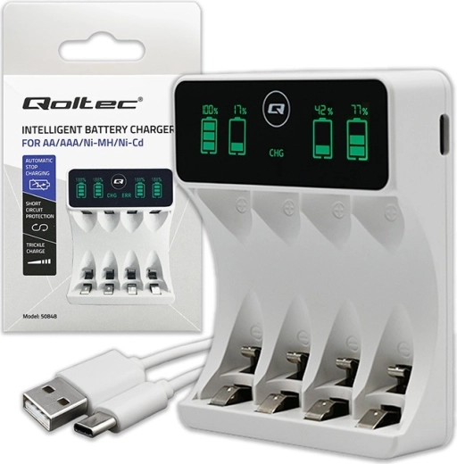 Ni–MH AA/AAA akkumulátortöltő LCD-vel és USB‑C kábellel, fehér