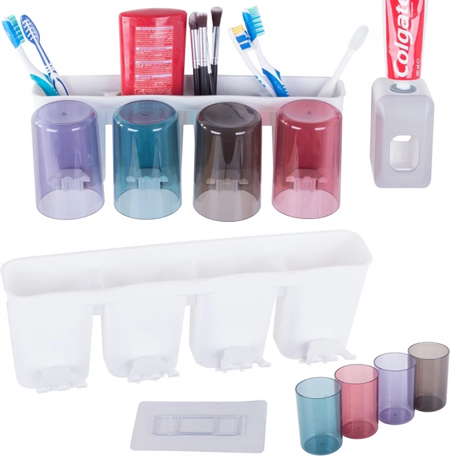 Fali fogkefe‑rendező automata fogkrémadagolóval és 4 pohárral