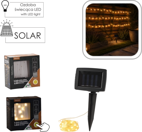 Napelemes LED fényfüzér dróton, 100 LED, meleg fehér, 11,9 m