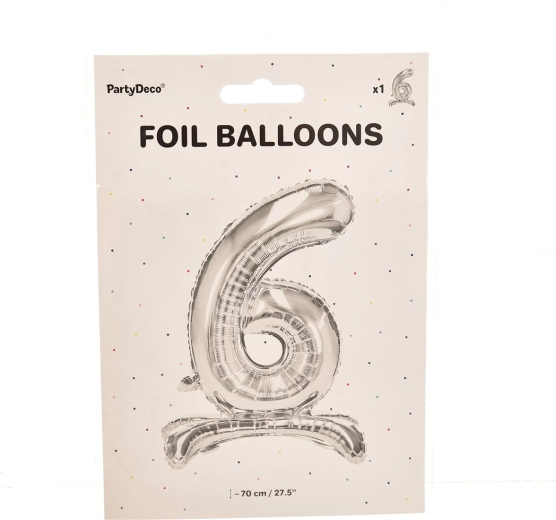 Álló fólia lufi 6-os szám ezüst 70 cm