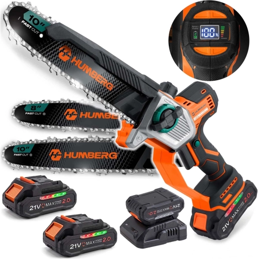 Humberg HM-437 akkumulátoros láncfűrész 2× 21 V 2,0 Ah akkumulátorral, 10" és 8" vezetőlemezzel