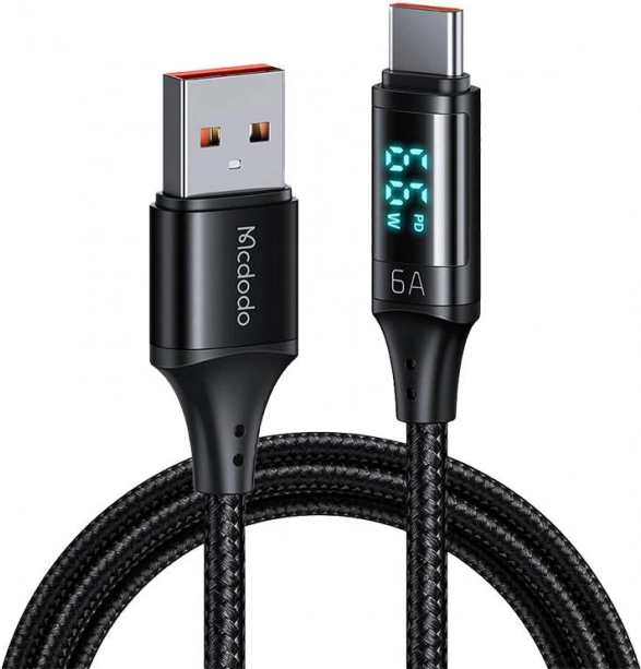 Mcdodo USB–USB-C kábel kijelzővel, 66 W, 6 A, 1,2 m, fekete