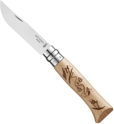 Opinel N°08 zsebkés gravírozással Ski, bükkfa, 8,5 cm